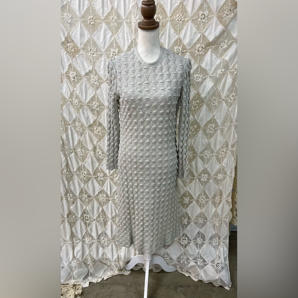 Vintage 1960s Mod Silver Metallic Long Sleeve Bubble Knit Dress / Size 8/10